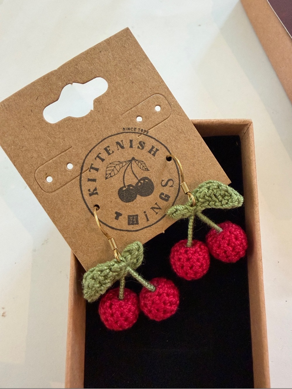 NWT Kittenish Red Cherry Crochet Earrings with Green Leaves and Gold Hooks